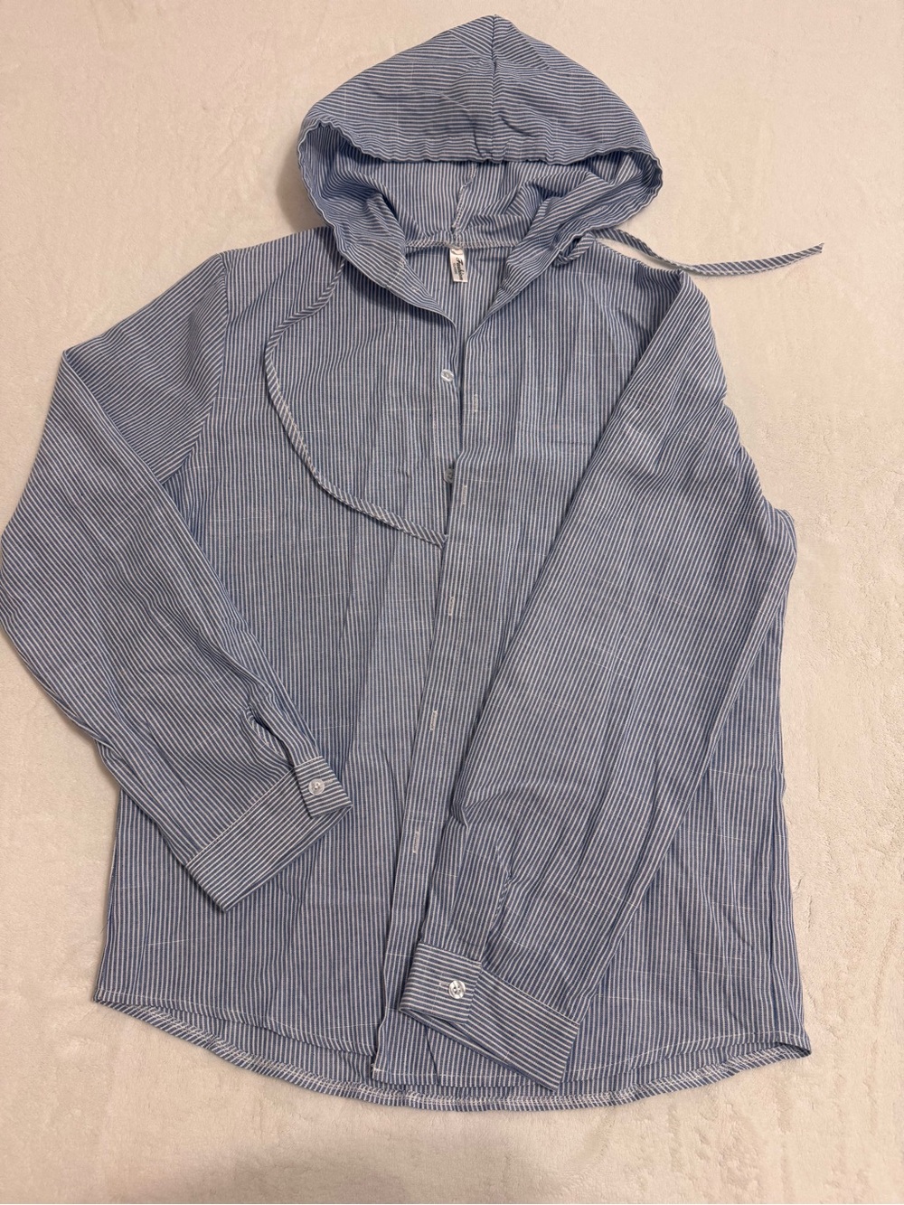 Women Blue Striped Hooded Button-Up Shirt